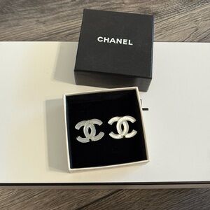 CHANEL Large Gold Acrylic CC Logo Statement Clip On Earrings